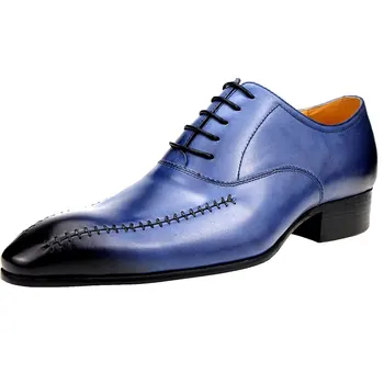 Oxfords Obutev za Moške, Modni Črno Modra Poslovnih Čipke-up Pravega Usnja Urad Obleko Čevlje Zapatos De Vestir Hombre
