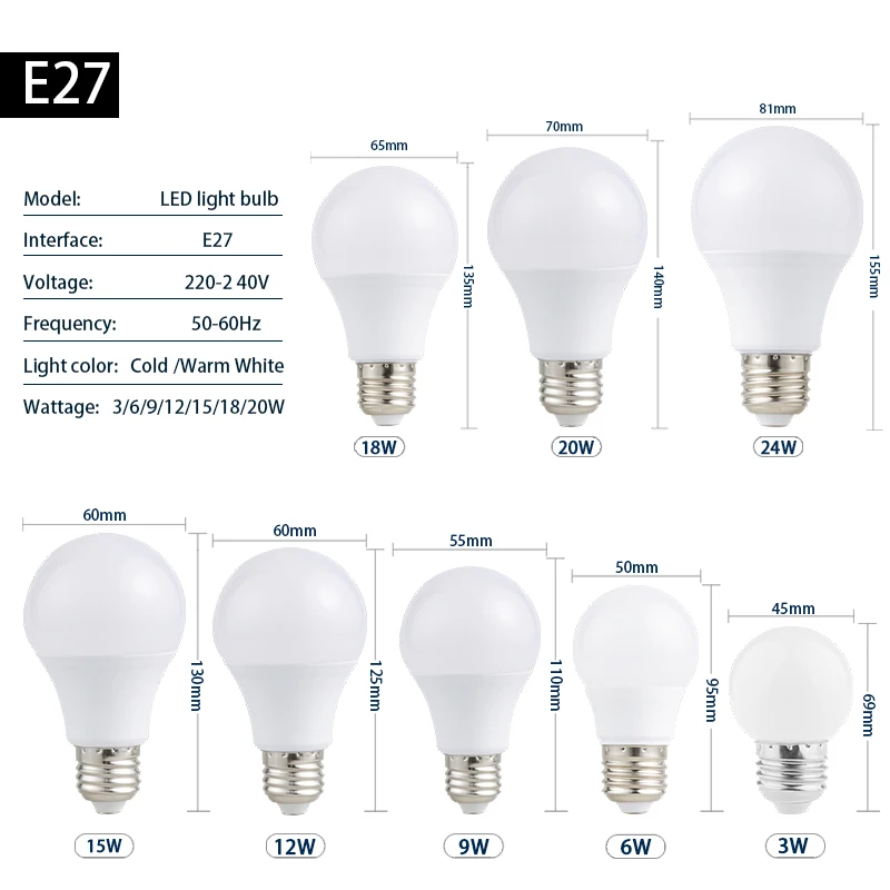 LED Žarnica E14 E27 AC 220V 240V 230V Žarnice SMD2835 Resnična Moč 3W 6W 9W 12W 15W 18W 20W Visoko Svetlost Lampada LED Bombillas1