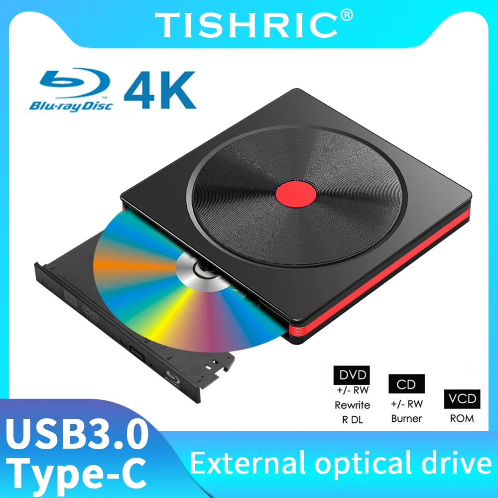 TISHRIC Zunanji Optični Pogon USB 3.0 Tip C Kabel CD DVD RW Odtisov ROM Predvajalnik 3D Blu-ray HD 4K Gorilnik Za Namizni Prenosni računalnik5