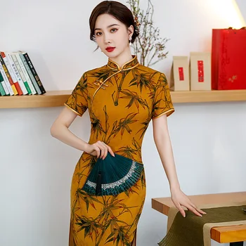 2023 Spomladi in Jeseni Nove Mid-dolžina Režejo Cheongsam Izboljšano Kitajski Slog Cheongsam Slim Klasični Slog Obleko Večerno Obleko
