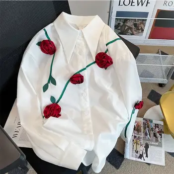DUOFAN 3D Rose Design Bluze za Ženske Pomlad francoski Sladko Majice z Dolgimi Rokavi Ženske Jeseni Novo Ohlapno Temperament Vrhovi Majica