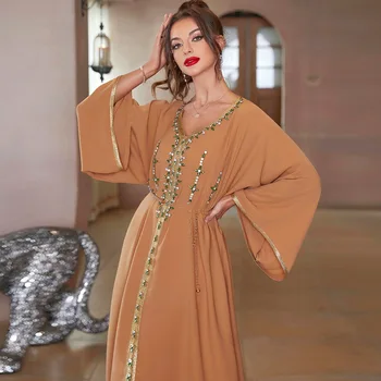 Haljo Abaya Kaki Handsewn Diamond Rokavi Obleko Eleganten V-Izrez Salwar Kameez Ženske Indijski