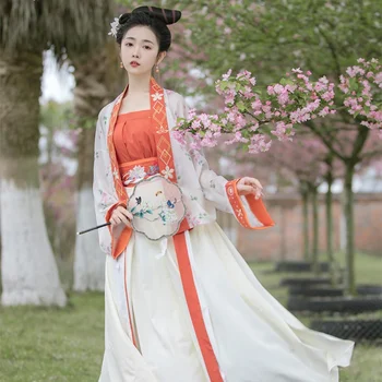 Kitajski Državni Retro Slogu Song Dinastije Hanfu Nežen Lotus Vezenje Svoboden Šifon Jopico Elegantna Vila Dolga Krila Set