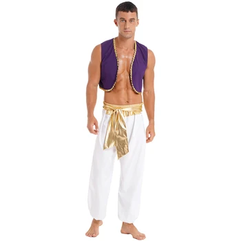 Odrasli Moški Arabski Kralj, Princ Vlogo Igrajo Obleko Halloween Carnival Party Stopnji Uspešnosti Kostum Bleščica Waistcoat+Obavijen Hlače