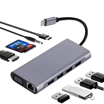 USB C Hub Adapter Laptop 11 V 1 RJ45 Priključek VGA Kabel za Display Port Na HDMI 4K Lan Ethernet HDTV PD TF Kartico SD, AUX 3,5 mm