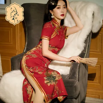 Vintage Kitajski Kratek Rokav Dolgo Obleko Poletje Qipao Saten Moda Formalno Stranko Elegantne Obleke Lady Cheongsam Obleko Za Ženske