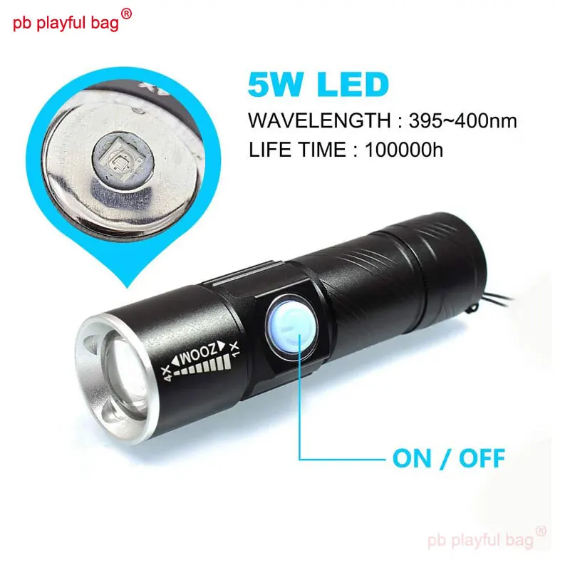 Šport na prostem 395nm Vijolično Svetilka Polnjenje prek kabla USB LED UV Lučka Taktično Nepremočljiva Mini Prenosni Igrače Igra Opreme QG4274
